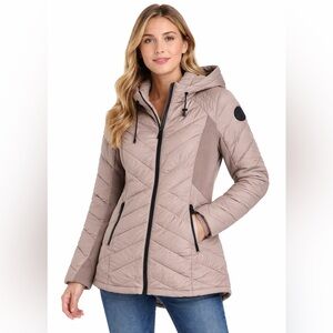 Bernardo Packable Mixed Media Quilted Puffer Coat EcoPlume Taupe S